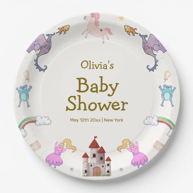 Cute Princess Dragon Unicorn Baby Shower Paper Plate (Front)