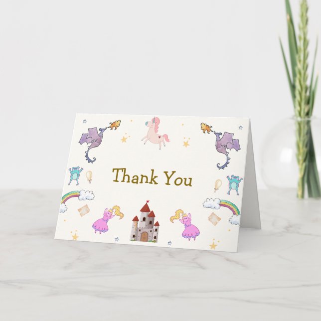 Cute Princess Dragon Unicorn Castle Baby Shower Thank You Card (Front)