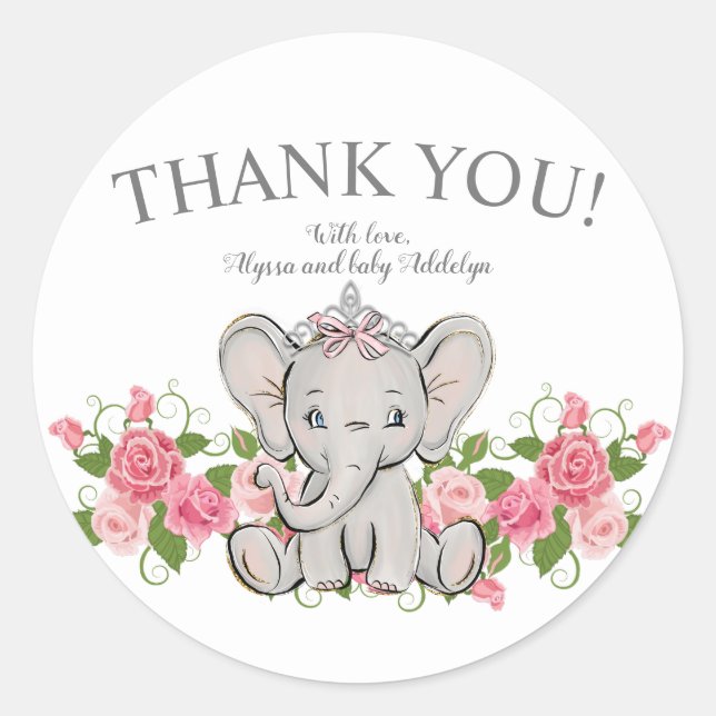 Cute Princess Elephant Baby Girl Shower Thank You Classic Round Sticker (Front)