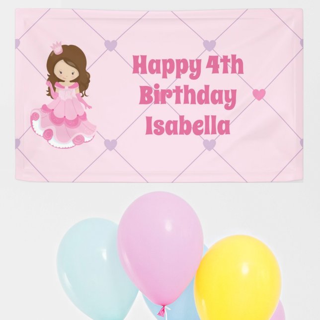 Cute Princess Girl Pink Custom Kids Happy Birthday Banner (Creator Uploaded)