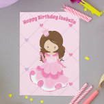 Cute Princess Girl Pink Kids Custom Happy Birthday Card<br><div class="desc">These adorable pink princess happy birthday card features a drawing of a pretty brunette little girl wearing a beautiful pink ball gown. Personalise this cute children's birthday card with your child's name between the fun heart pattern.</div>