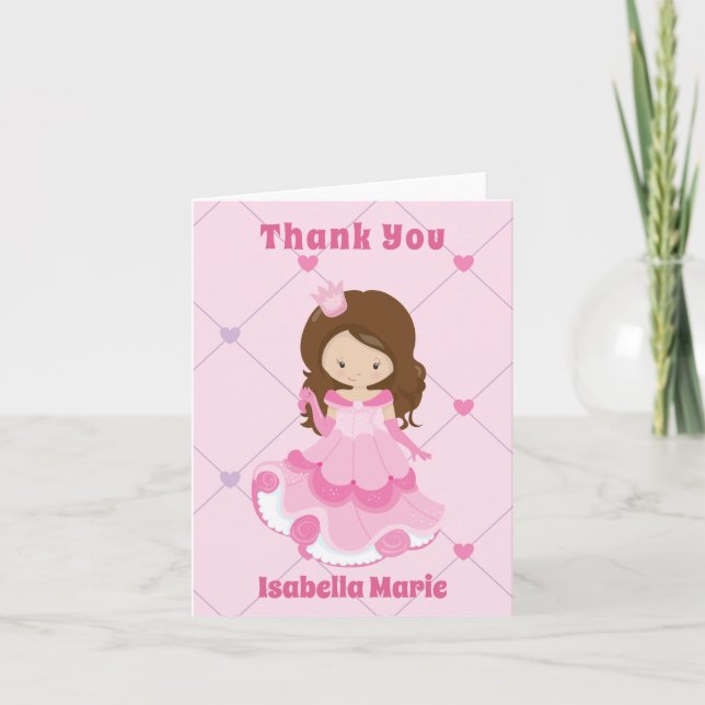 Cute Princess Girl Pink Personalised Kids Thank You Card (Front)