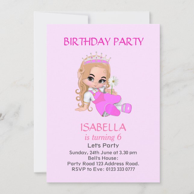 Cute Princess on Light Pink 6th Birthday Party Invitation (Front)
