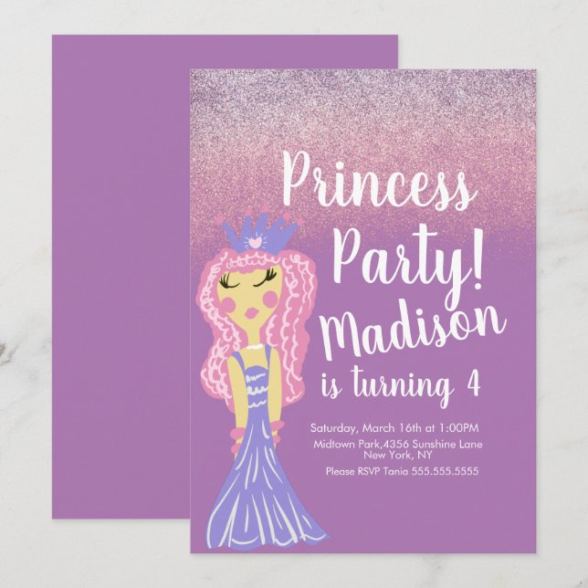 Cute Princess Party Doodle Invitation  (Front/Back)