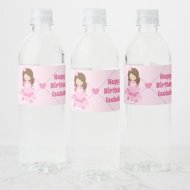 Cute Princess Personalised Pink Birthday Party Water Bottle Label (Bottles)