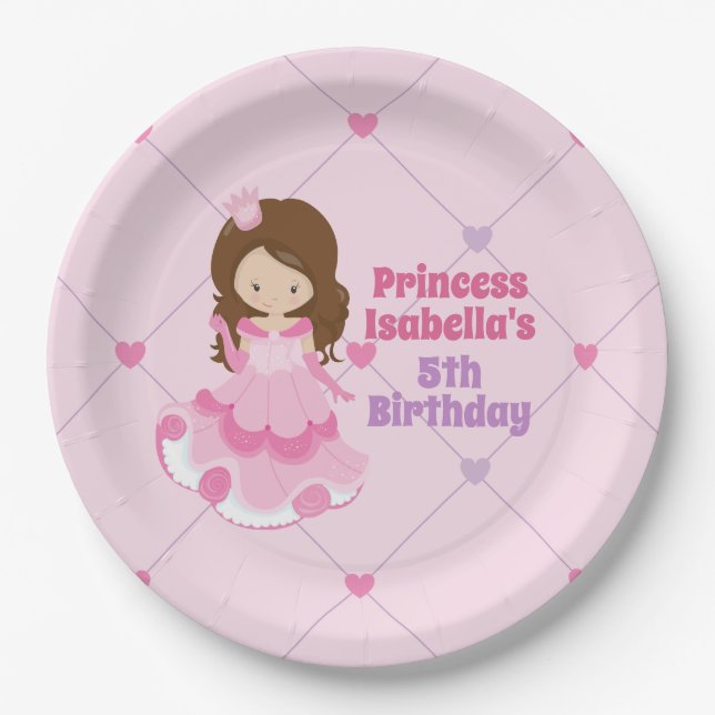 Cute Princess Pink Purple Girls Birthday Party Paper Plate (Front)