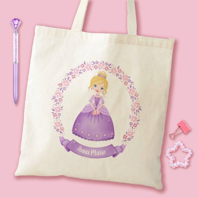 Cute Princess Purple Personalised Tote Bag (A cute girls purple princess personalized tote bag. Personalize it with your girls name.)
