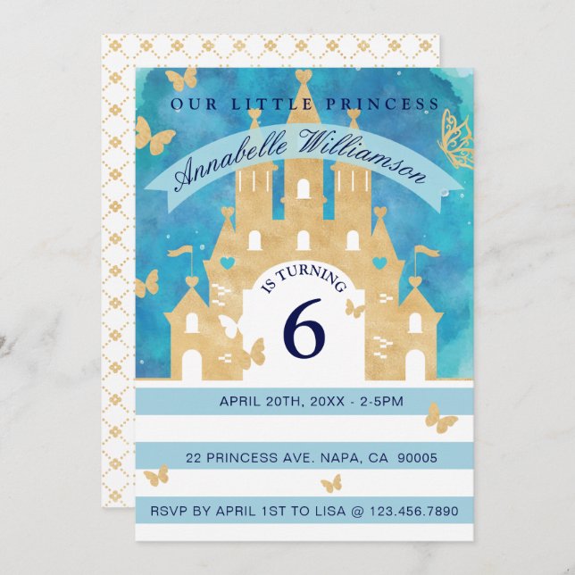 Cute Princess Teal Gold Castle Birthday Invitation (Front/Back)