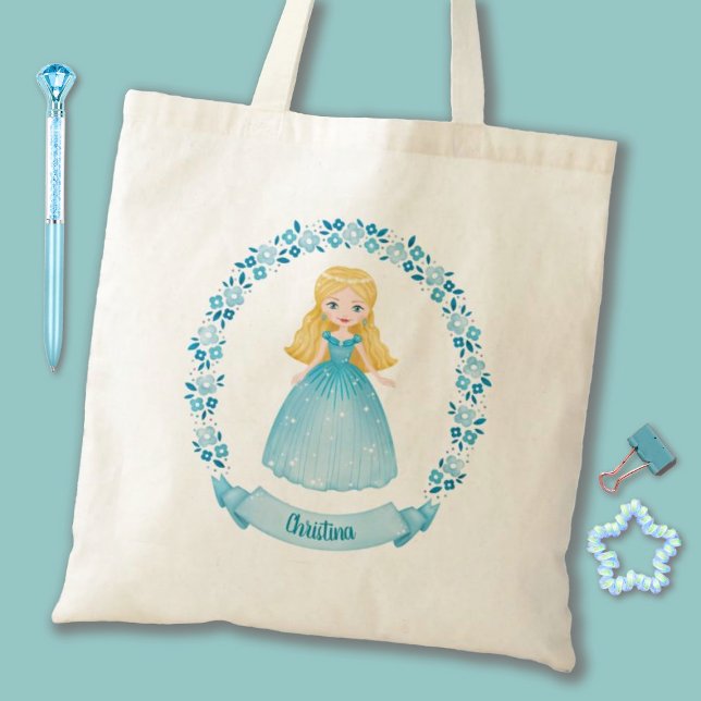 Cute Princess Tote Bag (A cute blue girls Princess tote bag. Personalize it with your girls name for a special gift.)