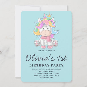 Cute Princess Unicorn 1st Birthday Party Invitation