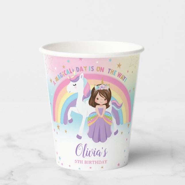 Cute Princess & Unicorn Birthday Party Rainbow  Paper Cups (Front)