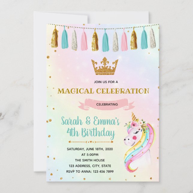 Cute  princess unicorn party invitation (Front)