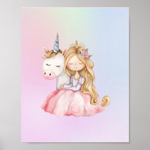 Cute Princess Unicorn Watercolor Rainbow Color Poster