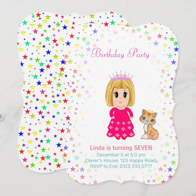 Cute Princess with Kitty Cat 7th Birthday Invitati Invitation (Front/Back)