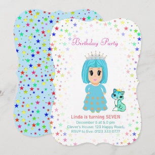 Cute Princess with Kitty Cat 7th Birthday Invitation