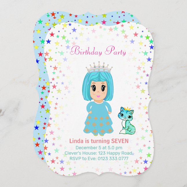Cute Princess with Kitty Cat 7th Birthday Invitation (Front/Back)
