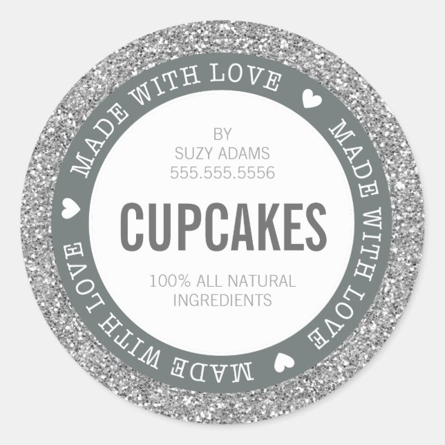 CUTE PRODUCT LABEL made with love glitter silver (Front)