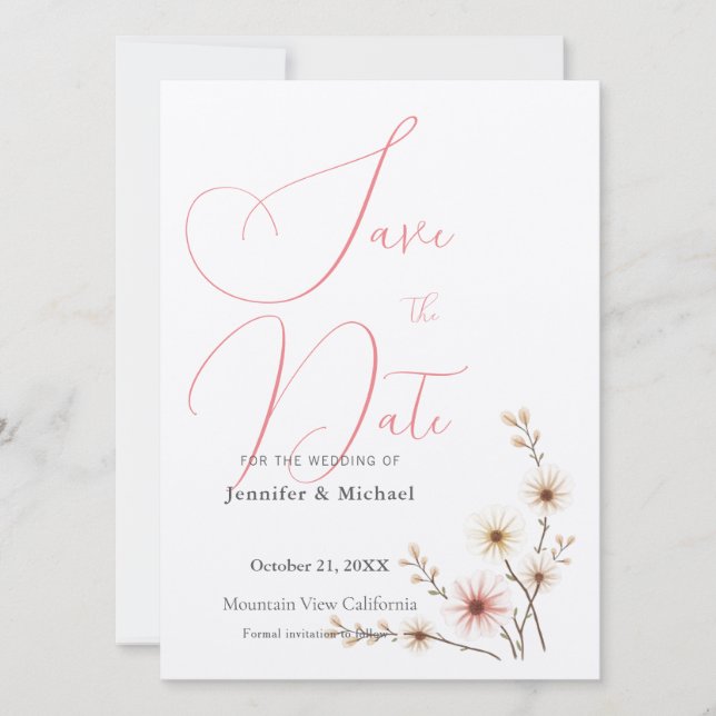 Cute Professional Minimalist Plain Modern Floral Save The Date (Front)