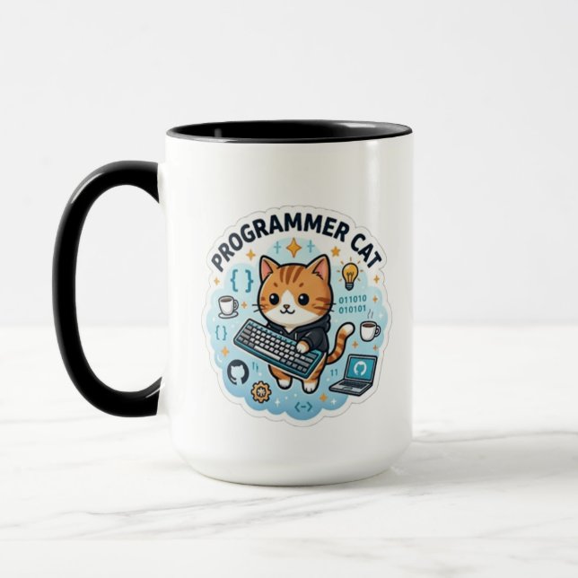Cute Programmer Cat Coding Vinyl Sticker | Develop Mug (Left)