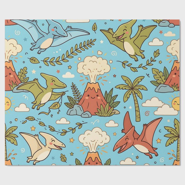 Cute Pterodactyl Dinosaur Wrapping Paper (Flat)