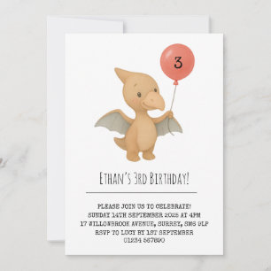 Cute Pterodactyl Holding Pink Balloon Birthday Invitation