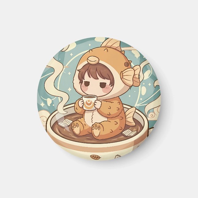 Cute Puffer Fish Coffee & Reading Art Magnet (Front)
