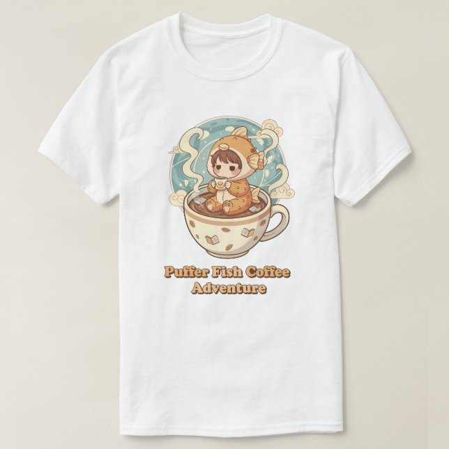 Cute Puffer Fish Coffee & Reading Art T-Shirt (Design Front)