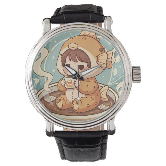 Cute Puffer Fish Coffee & Reading Art Watch (Front)