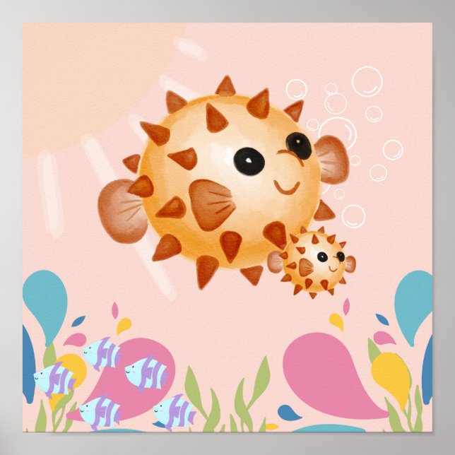 Cute puffer fish in pink ocean scene, poster (Front)