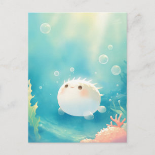 Cute Pufferfish in Luminous Tropical Ocean Postcard