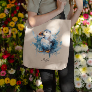Cute puffin in blue, customisable tote bag