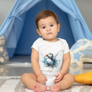 Cute puffin in blue watercolor baby bodysuit