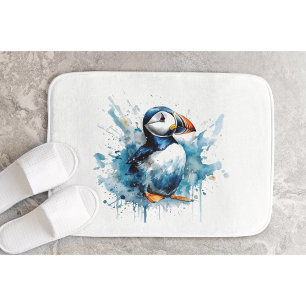 Cute puffin in blue watercolor bath mat