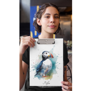 Cute puffin in blue watercolor clipboard
