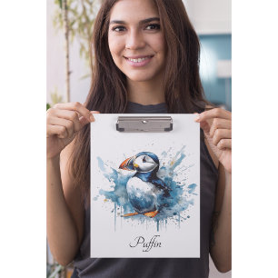 Cute puffin in blue watercolor clipboard