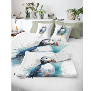Cute puffin in blue watercolor cushion