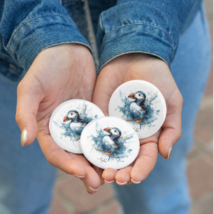 Cute puffin in blue watercolor, customisable 3 cm round badge