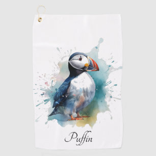 Cute puffin in blue watercolor, customisable golf towel