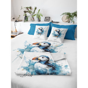 Cute puffin in blue watercolor fleece blanket
