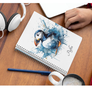 Cute puffin in blue watercolor planner