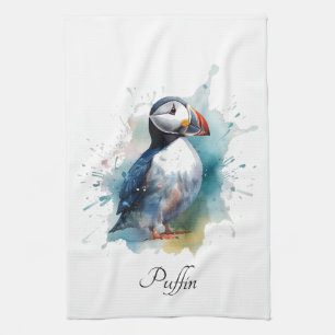 Cute puffin in blue watercolor tea towel