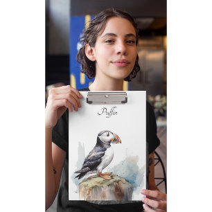 Cute Puffin on a rock in watercolor Clipboard