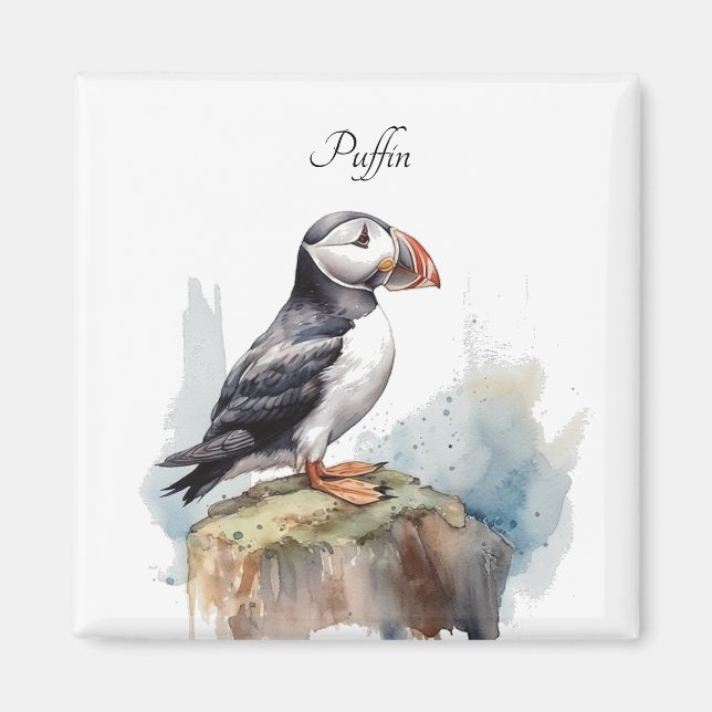 Cute Puffin on a rock in watercolor, customisable Magnet (Front)