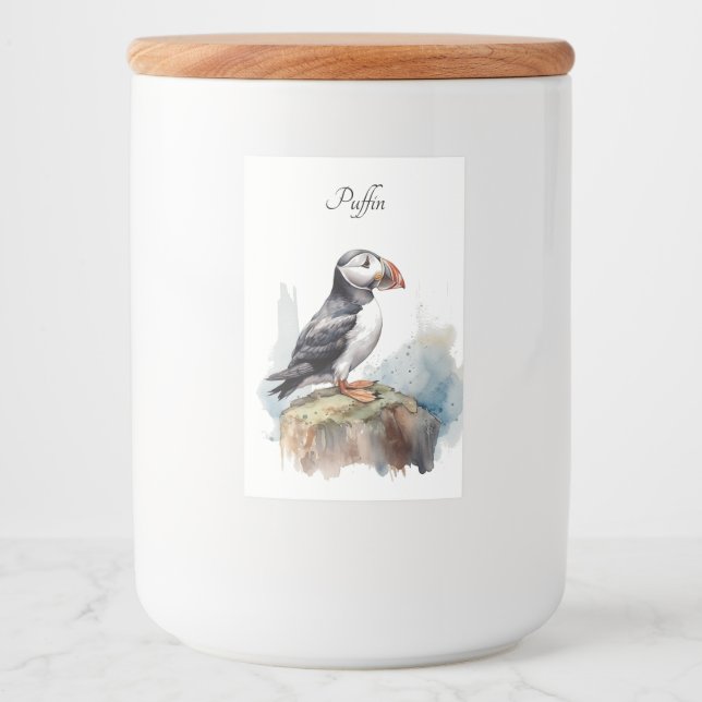 Cute Puffin on a rock in watercolor Food Label (Front)