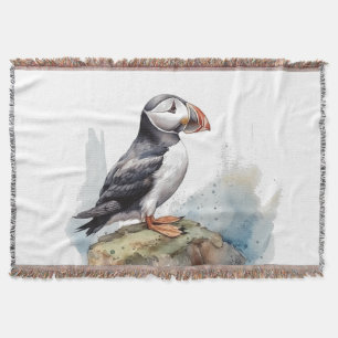 Cute Puffin on a rock in watercolor Throw Blanket