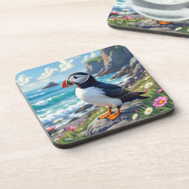 Cute Puffin on the Seashore themed   Coaster (Left Side)