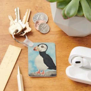 Cute Puffin Watercolor Alaska Animal Art Key Ring