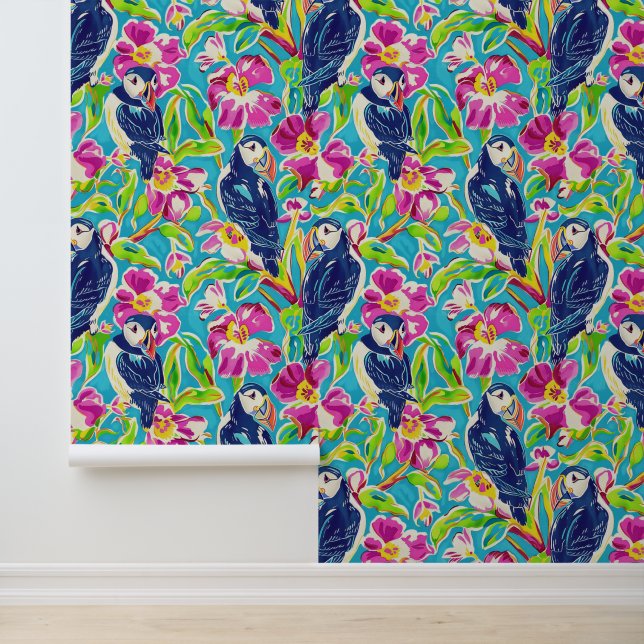 Cute puffins with pink flowers wallpaper (Application)