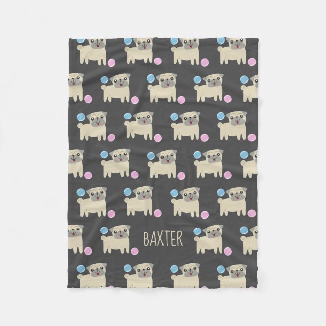 Cute Pug and Balls Pattern Personalised Dog Fleece Blanket (Front)