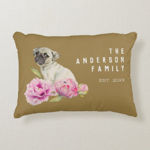 Cute Pug and Peonies   Add Your Family Name Decorative Cushion